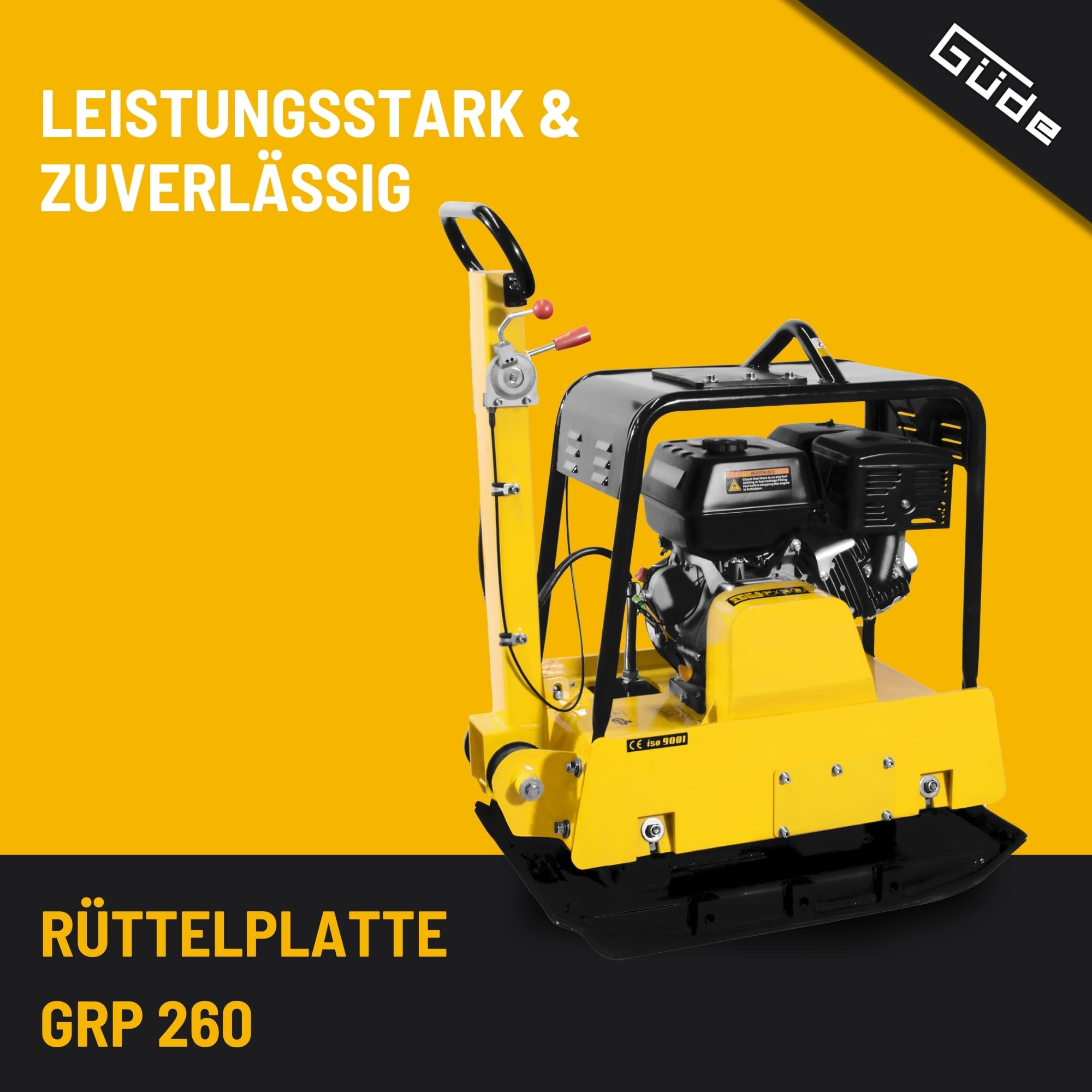 Güde Rüttelplatte GRP 260 (4-Takt-Motor, 389 cm³ Hubraum, 8,2/11 (kW/PS), 22 m/min Laufgeschwindigkeit, 38 kN max. Verdichtungsdruck, 90 cm Verdichtungstiefe, inkl. Polyurethanmatte und Fahrwerk)