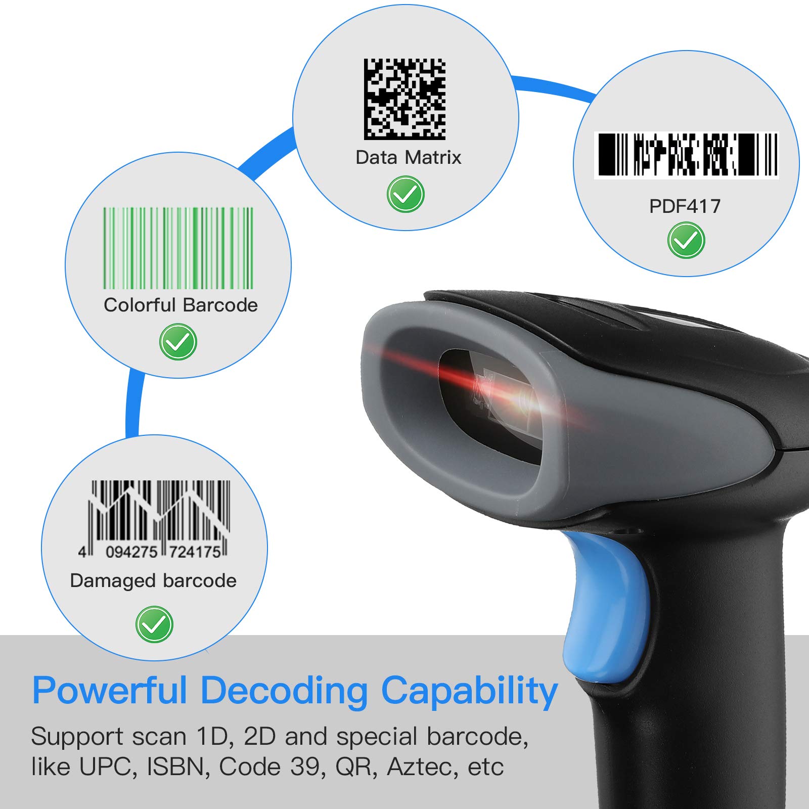 Eyoyo Escáner de códigos de Barras 1D 2D QR con Soporte, escáner de Cable USB portátil para gestión de inventarios, código de Barras portátil/Lector de códigos QR, escáner de detección automática