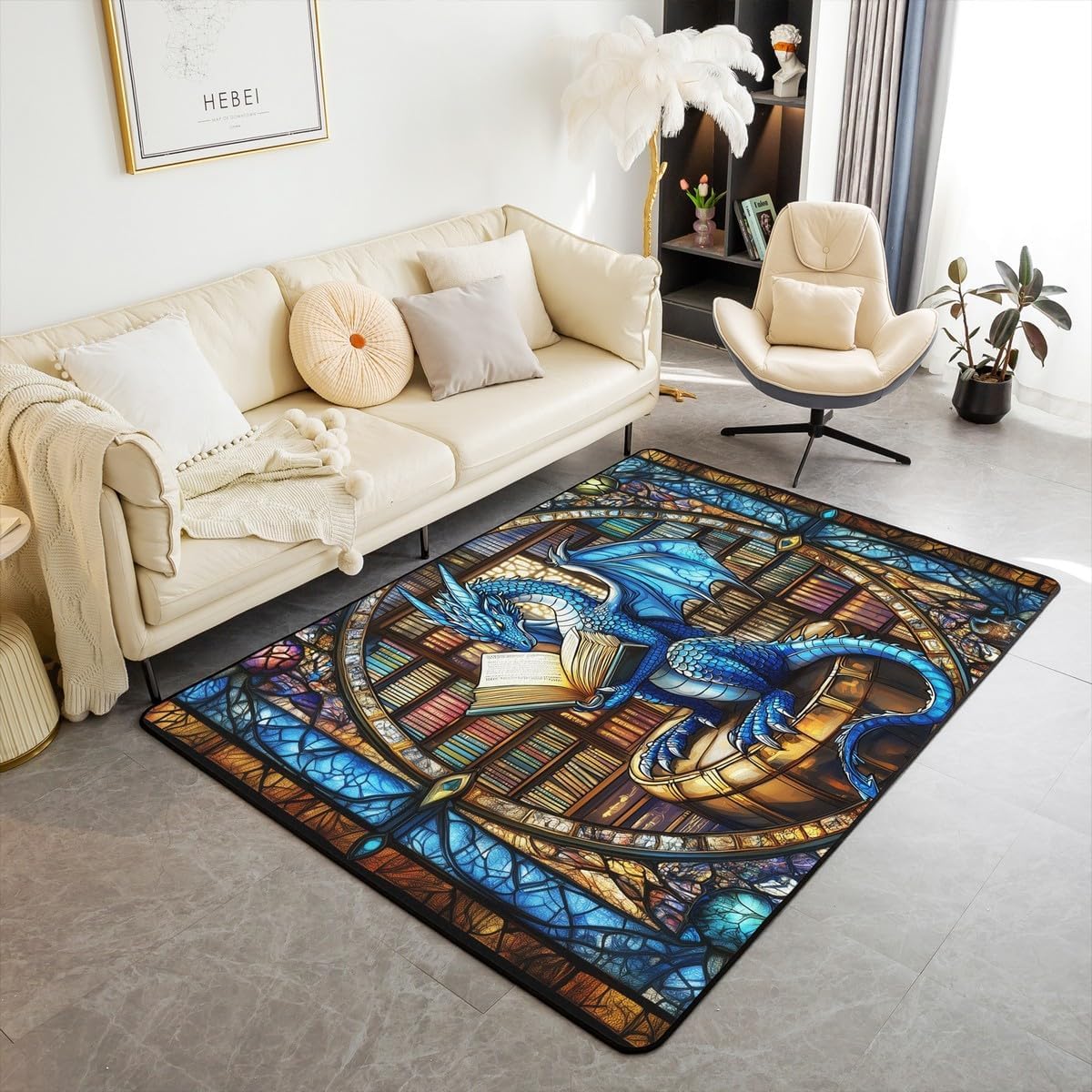 Westlicher Drache Wohnzimmer Teppich 150x200cm Geometrische Fantasy Buchregal Schlafzimmerbereich Teppich für Jungen Mädchen Trippy Chic Bodenmatte Heimdekor