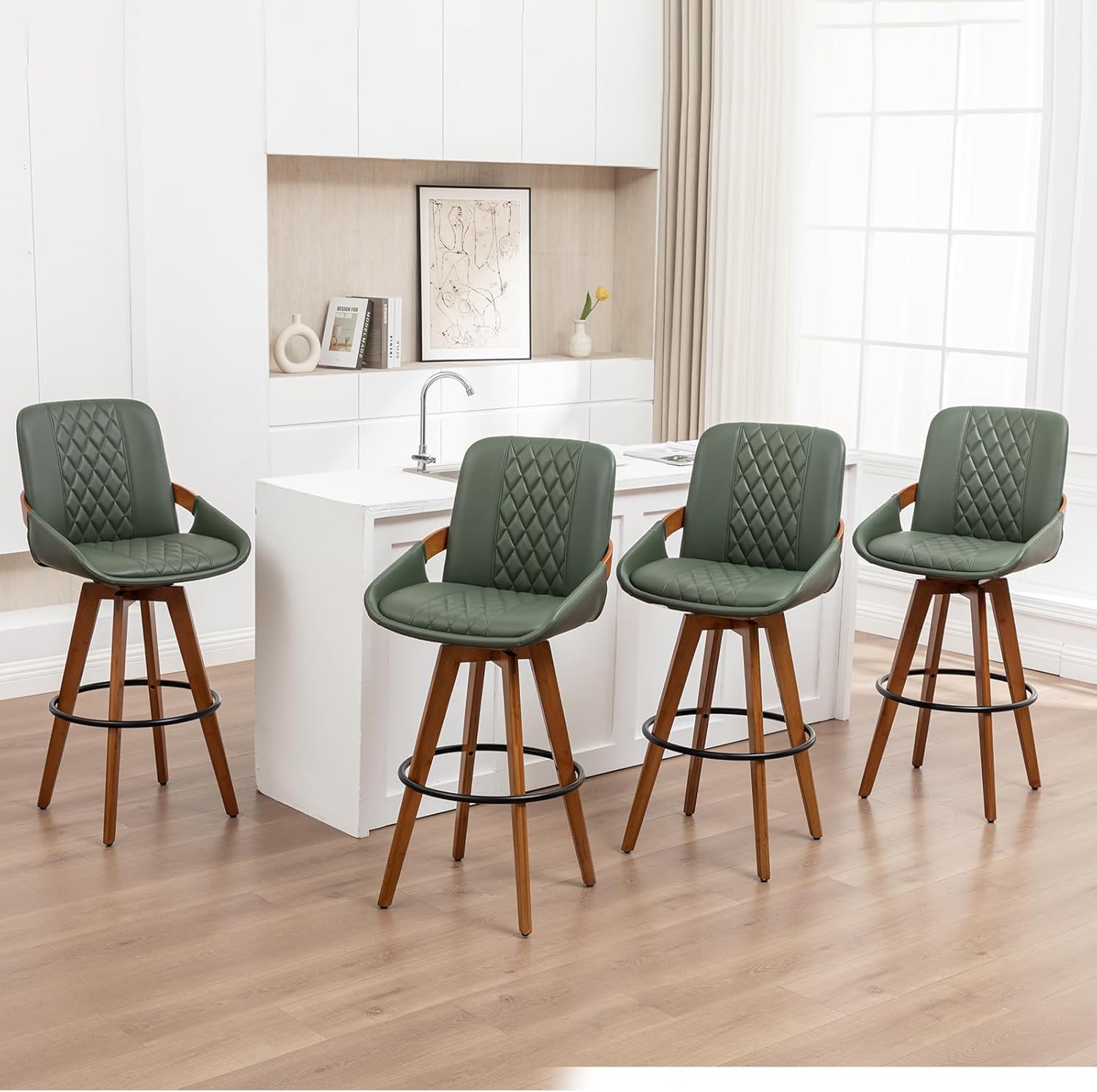 26 Inch Counter Height Stools Set of 2, Modern Mid Century Upholstered Upholstered Swivel Stool with Curved Back and Arms for Kitchen Island, Black