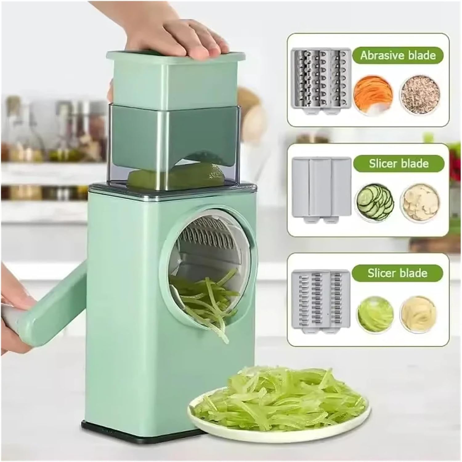 Multi-Purpose Hand Cranked Vegetable Slicer with 6 Stainless Steel Blades One Click Disassembly for Cheese Potato Onion