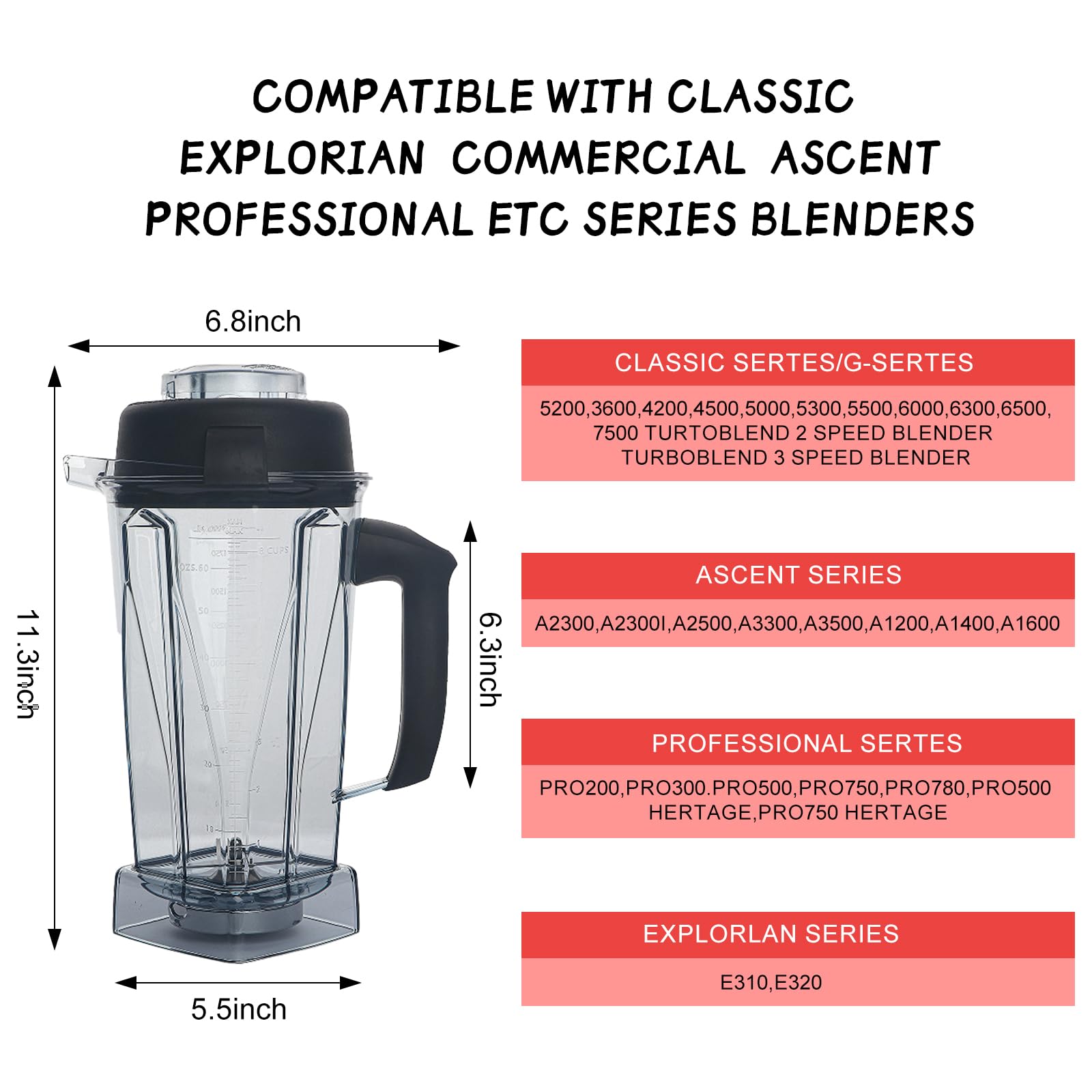 1,8 l Mixer-Krug Ersatz für 5200 5300 6300 VM0101 VM0103 VM0197 | Ersatz-Krug, kompatibel mit Vita-Prep, Classic/Explorian/Commercial Series Blender Container 5000 7500 A2300 Glasbecher