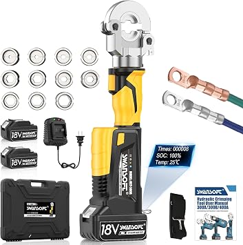SWANSOFT Electric Hydraulic Crimping Tool, 6Ton 6AWG-600MCM Continuously Crimp Hydraulic Wire crimper for Cu/Al Terminal, Crimp 30000 Times Wire Cable Lug Crimping Tool Kit with 11 Dies 300B-Yellow