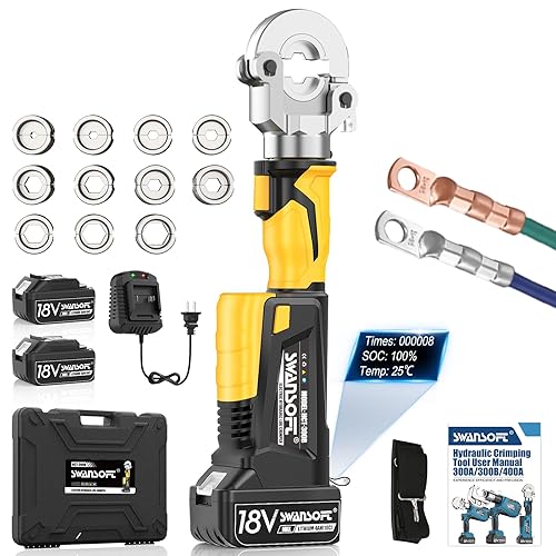 SWANSOFT Electric Hydraulic Crimping Tool,6Ton 6AWG-600MCM Rechargeable Hydraulic Crimper for Cu/Al Terminal, Crimp 20000 Times Wire Cable Lug Crimping Tool Kit (300B-Yellow)