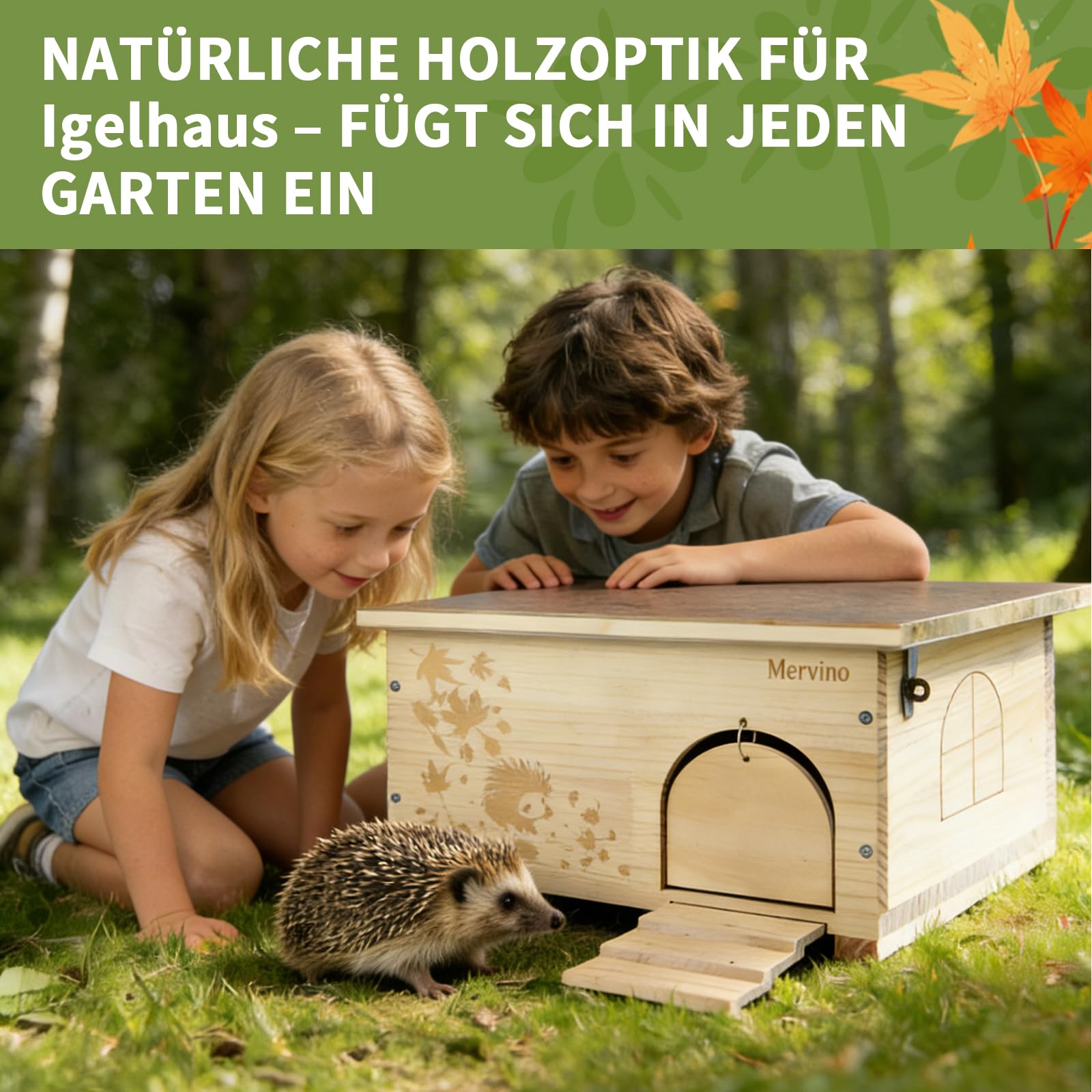 Mervino Igelhaus Holz mit Rattenklappe und Boden - Robustes Igelhotel Winterfest, mit Leiter & wasserdichtem Dach als Gartenunterschlupf für Winterschlaf und Sommeraufenthalt (44x34x24 cm)