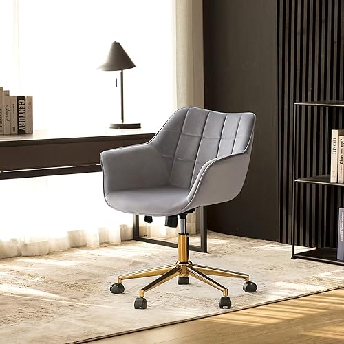 Miniatura 5 de DUHOME Silla moderna de oficina en casa, silla de escritorio de terciopelo con base de metal dorado con respaldo medio, bonita silla ergonómica de