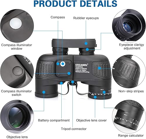 Miniatura 2 de USCAMEL Prismáticos marinos de 10 x 50 pulgadas para adultos prismáticos impermeables con brújula telémetro BAK4 prisma FMC lente a prueba de niebla