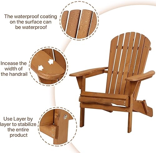 Miniatura 4 de Adirondack - Silla de madera para exteriores, silla de patio, sillas para hoguera, silla plegable para césped, tumbona con acabado natural,