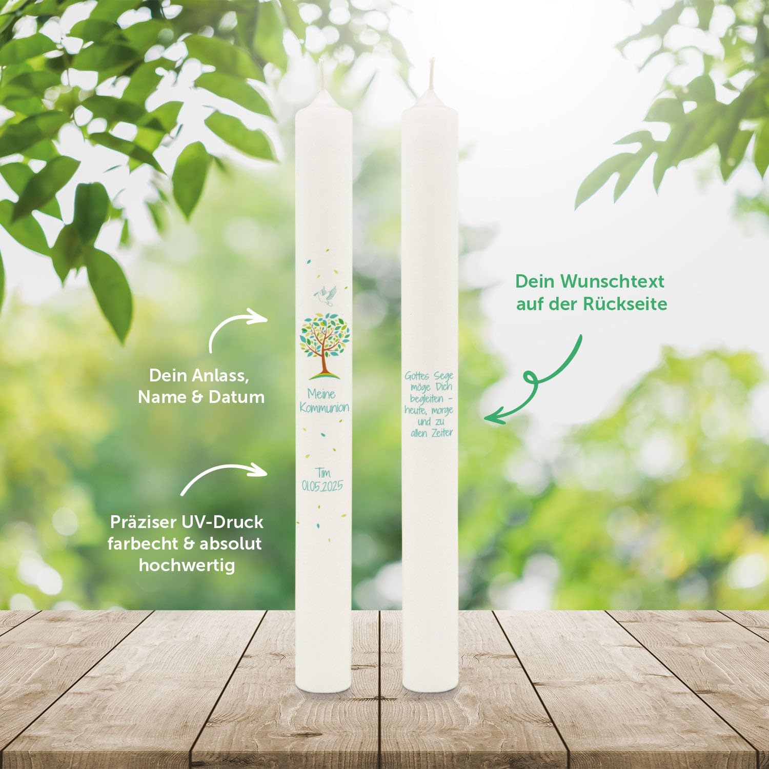 GRAVURZEILE Bedruckte Stabkerze - Lebensbaum - Personalisiert mit Name & Datum - Geschenk zur Taufe, Kommunion oder Konfirmation - Für Jungen & Mädchen - Altarkerze 400/40 mm - Farbe: Grün