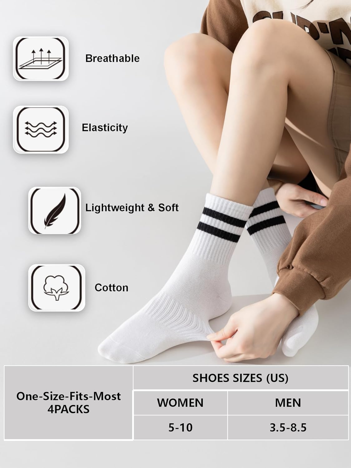 YUWELL Womens Striped Crew Socks, Cotton Cozy Casual Socks for Women 4 Pairs, Size 5-10 - Image 3
