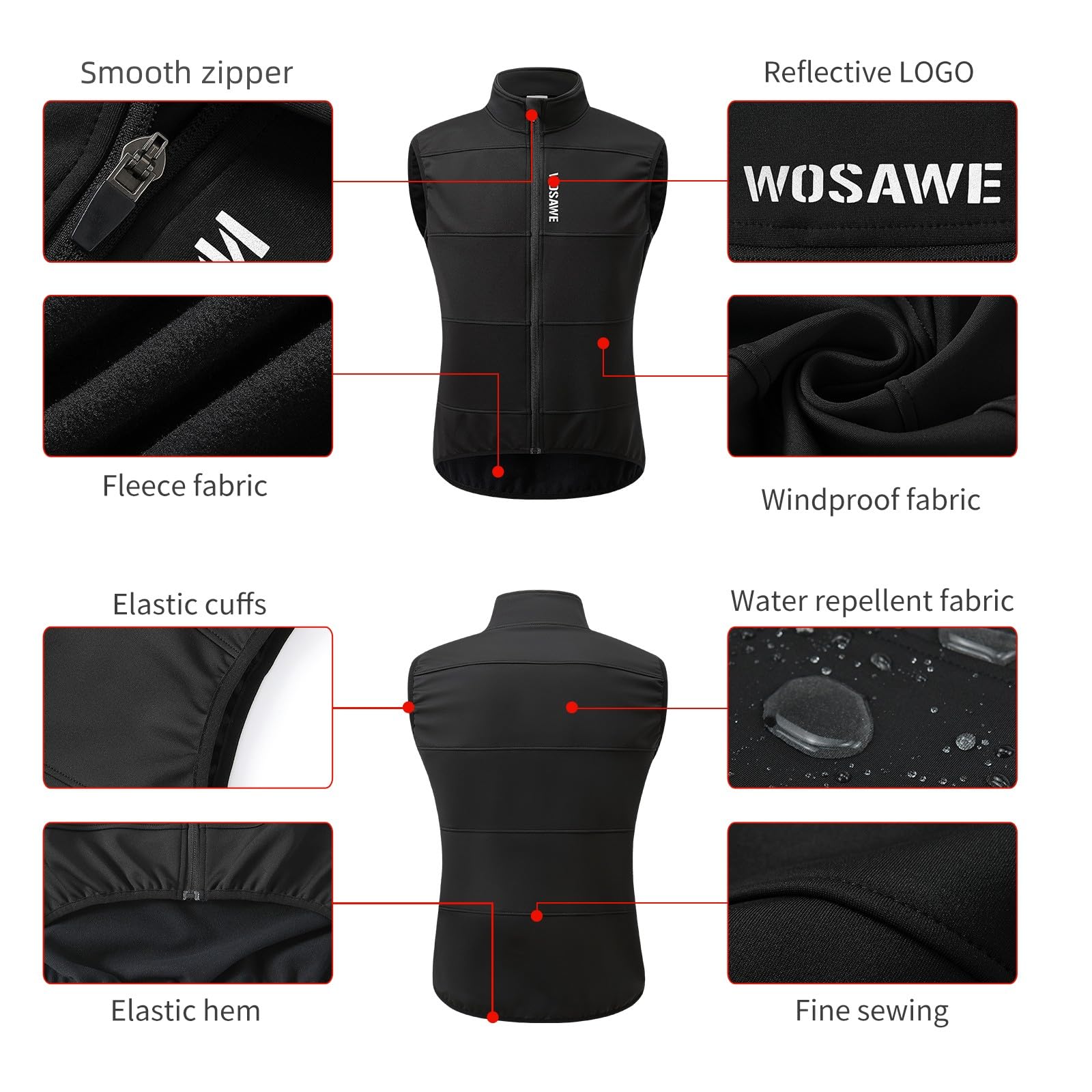 WOSAWE Homme Gilet de Cyclisme Coupe-Vent Softshell Thermique Respirant Veste de Vélo sans Manches pour Automne Hiver