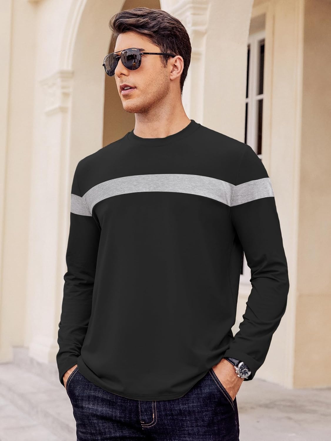 Hardaddy Men's Long Sleeve Tee Shirts Color Block Pullover Casual Basic T-Shirts - Image 2