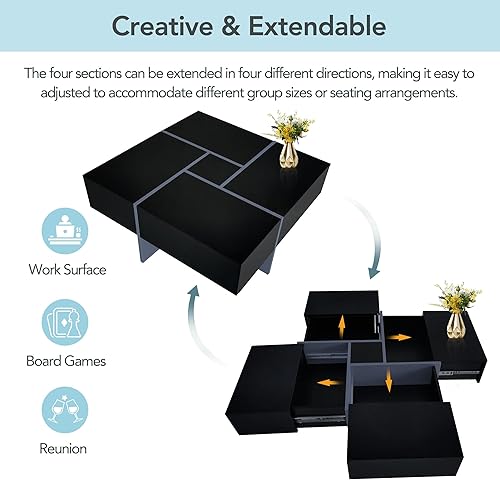Miniatura 6 de LETESA Mesa auxiliar con 4 compartimentos de almacenamiento ocultos, mesa central extraíble, mesa de cóctel cuadrada con mesa deslizante extensible,