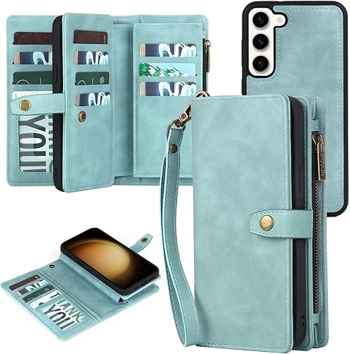 Compatible con Samsung Galaxy S23 5G - Funda tipo cartera con correa para la muñeca, tarjetero y cuero multifunción 2 en 1, funda magnética