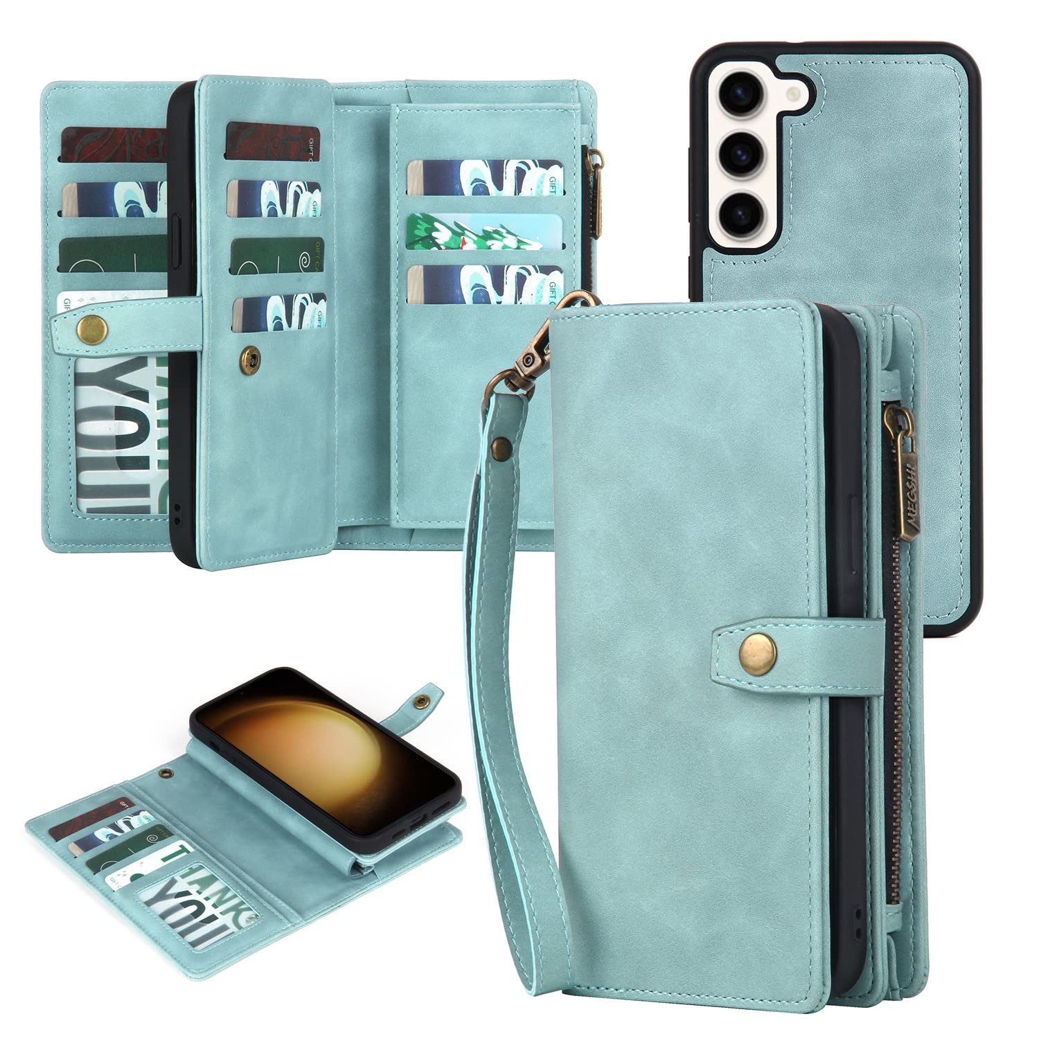 Compatible with Samsung Galaxy S23 5G Wallet Case Lanyard Wrist Strap Card Holder and Leather Multi-Function 2in 1 Detachable Magnetic Phone Cover for S 23 23S GS23 G5 SM-S911U 6.1inch Women Men Blue
