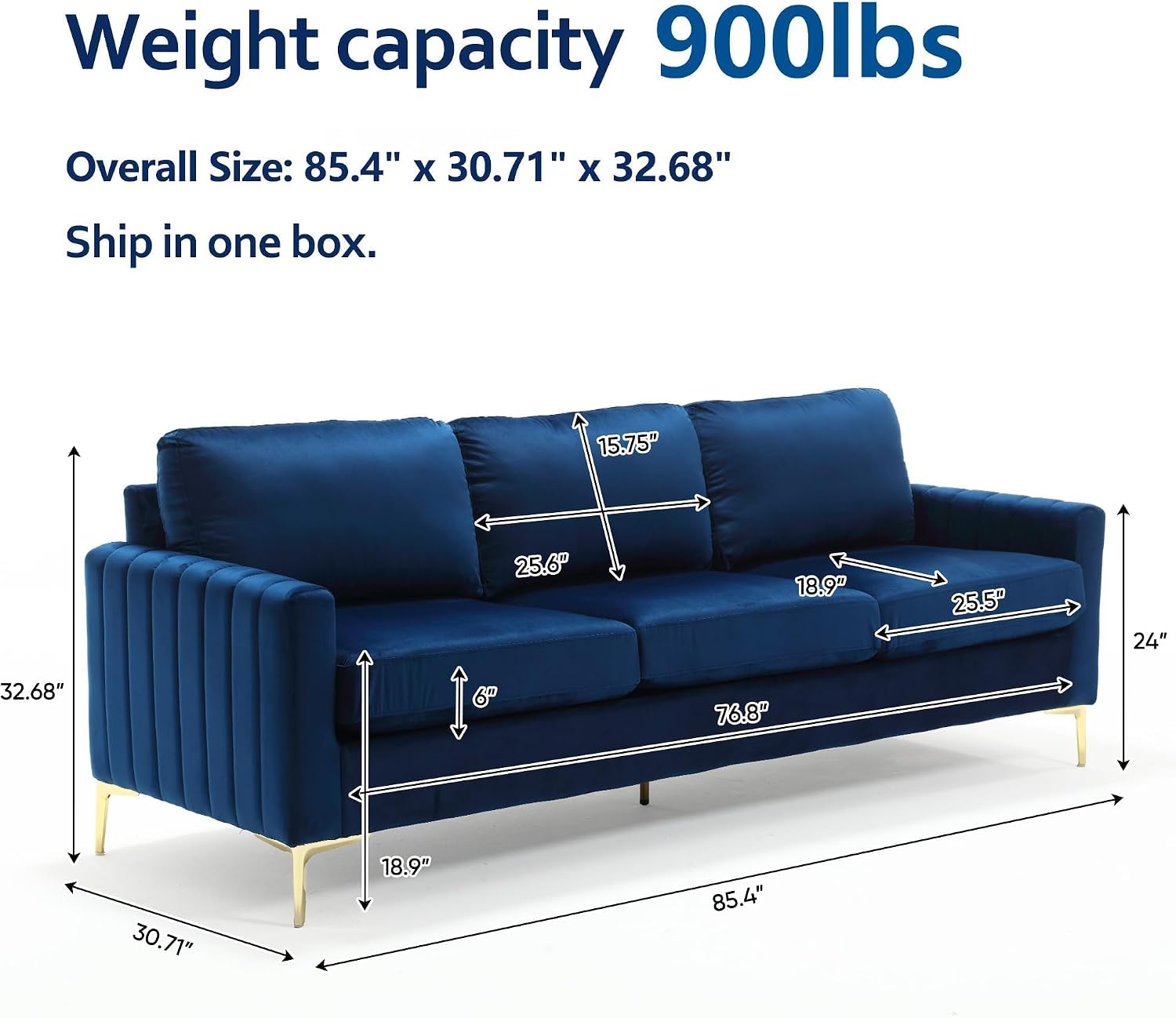 Navy Blue Velvet 2-Piece Sofa and Loveseat Set with Gold Legs Mid-Century Modern Design