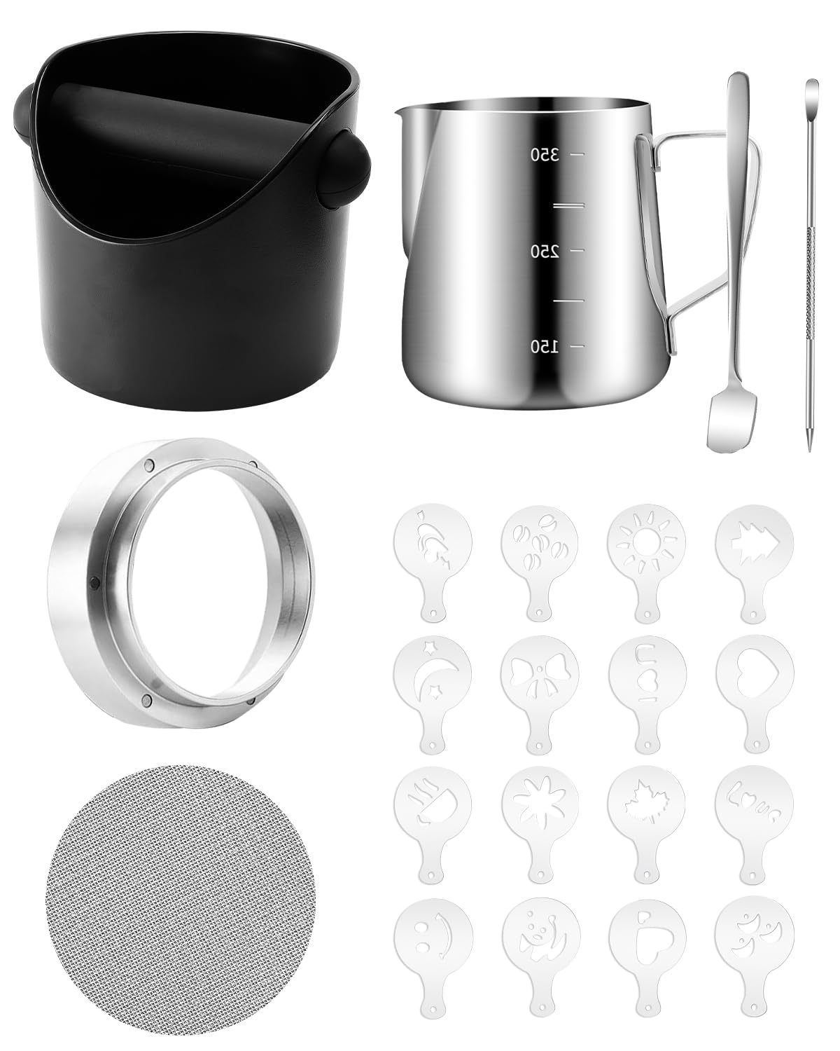 Haliya 22tlg. Knock-Box, Puck Screen 51mm & Latte Art für Siebträger | inkl. Dosierring, Kännchen, Löffel, Nadel, 16 Schablonen, hochwertiges Barista-Zubehör, einfache Reinigung