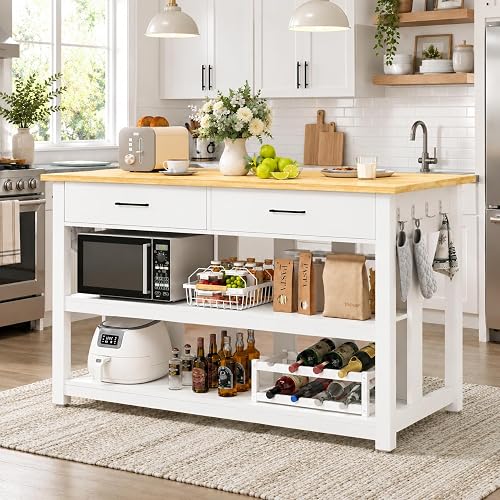 DynJest 47.3' Solid Rubberwood Kitchen Island with Power Outlets, White | Extra-Large Work Surface Island Table, Hooks,