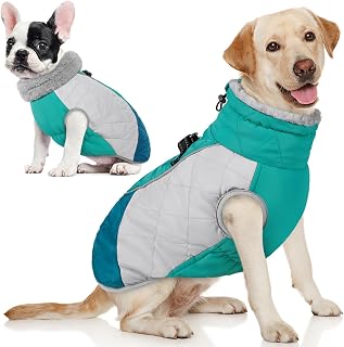 AOFITEE Dog Winter Coat XXL Green: Waterproof Reflective Jacket with Built-in Harness & Fleece Lining for Large Dogs