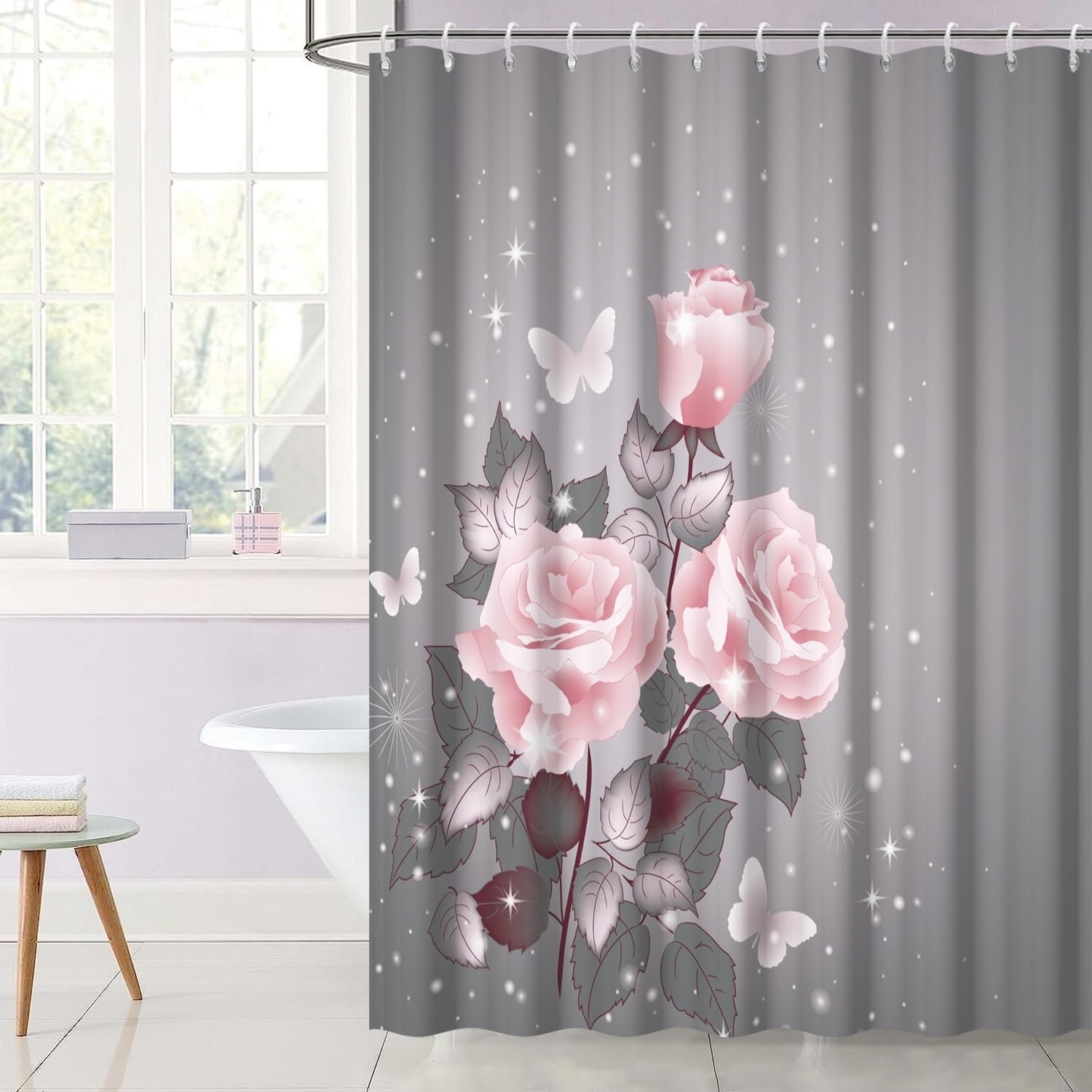OERJU Floral Shower Curtain Sparkly Spot Pink Blooming Rose Leaves Butterfly Stylish Grey Bath Curtain 3D Printted Pattern Waterproof Polyester Fabric