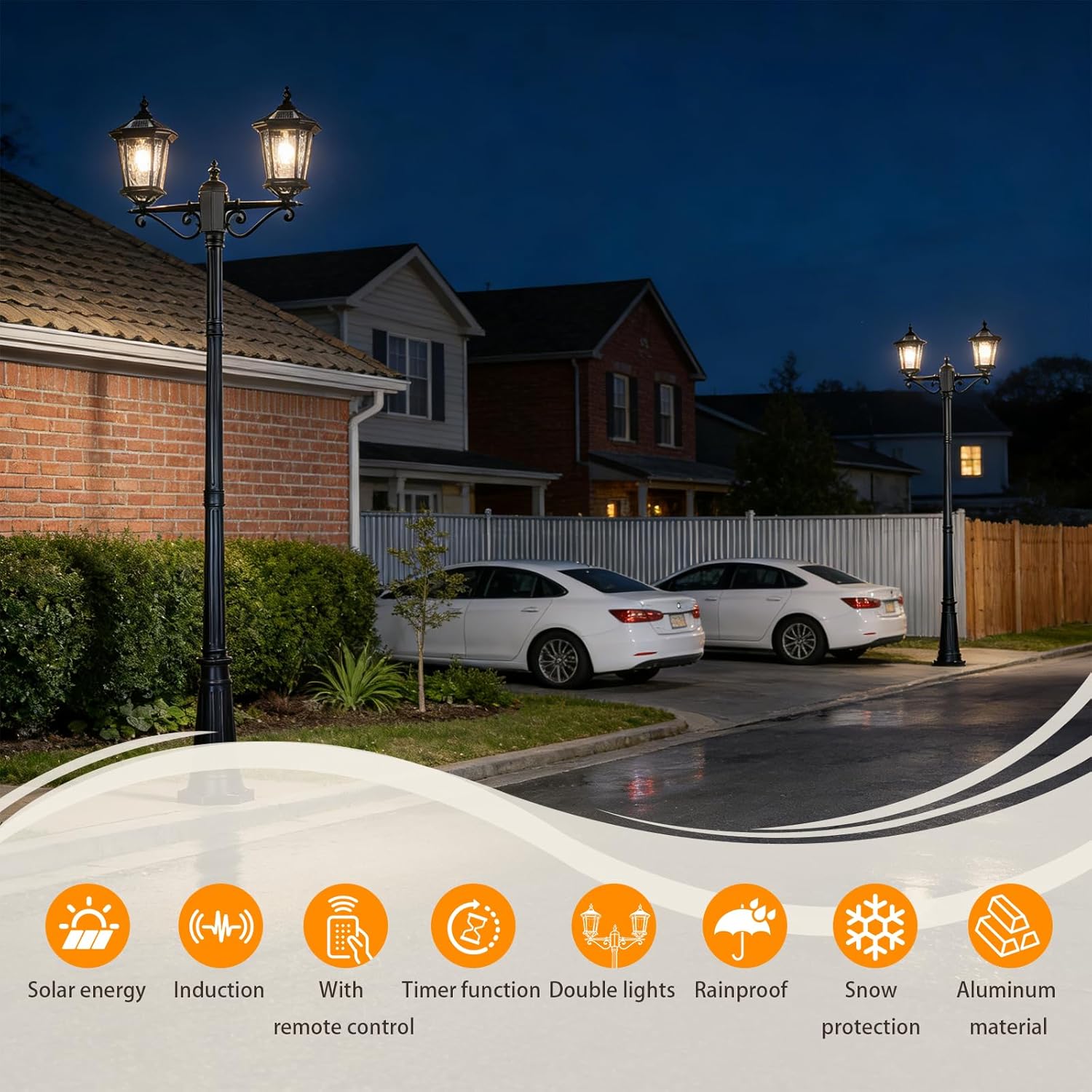 Solar Post Lights Two E26 Lamps Holder with Remote and Automatic ON/Off,Solar Powered Outdoor Waterproof High Pole Standing Lamp Lighting for Outside Path,Yard,Garden,Lawn,Street,94.5In Black
