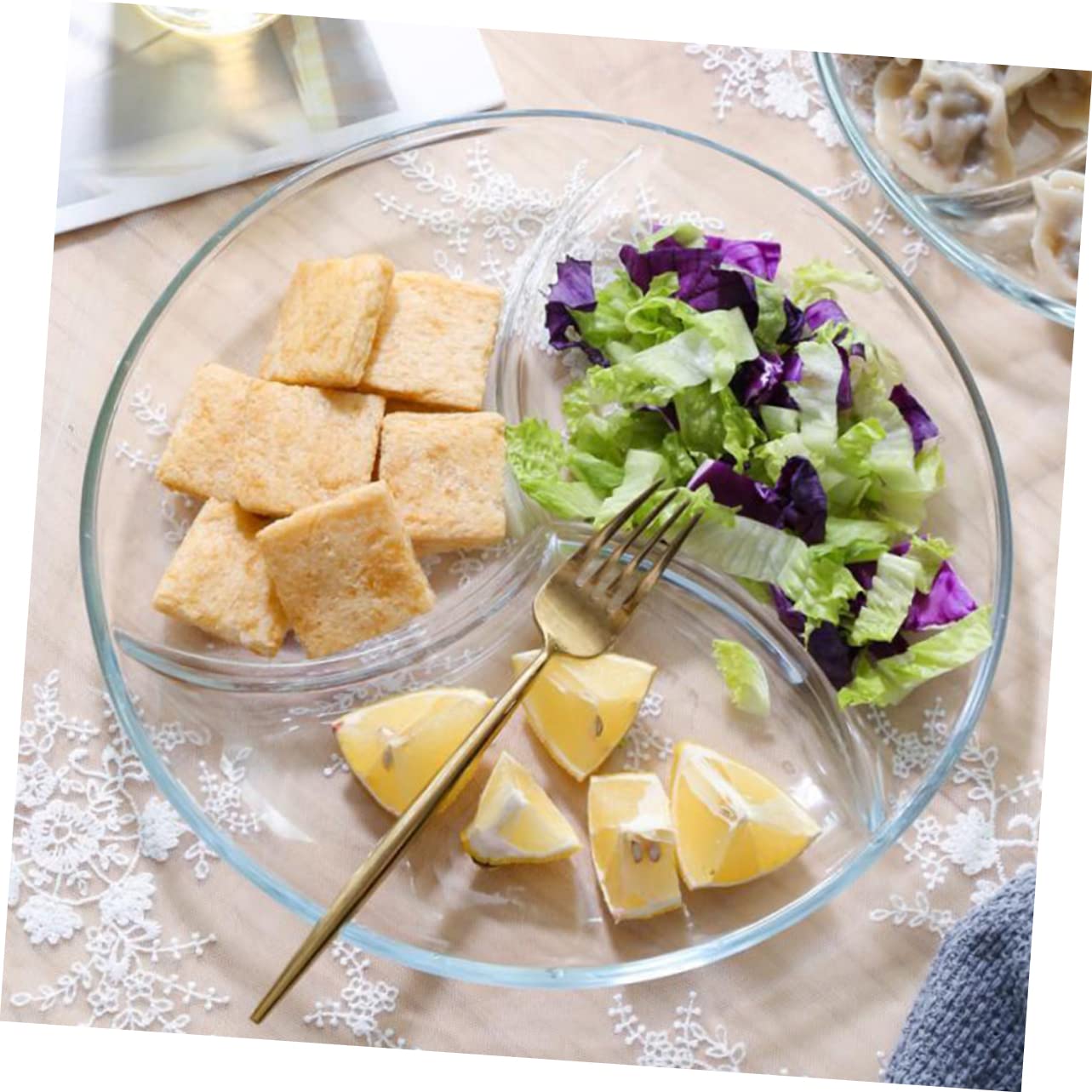 Mikinona Plat Divisé Plateau à Collation en Verre Trempé 3 Compartiments pour Réchauffer les Aliments, Séparation des Portions, Repas en Famille