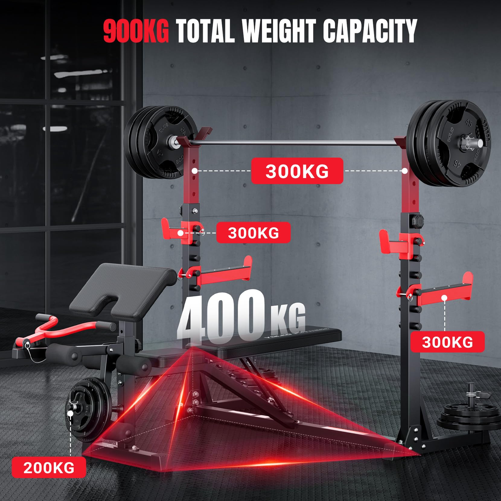 Multifunzione Palestra Casa con Rack Palestra, Panca Piana Bilanciere, Panca Addominali con leg extension leg curl - arm curl - porta