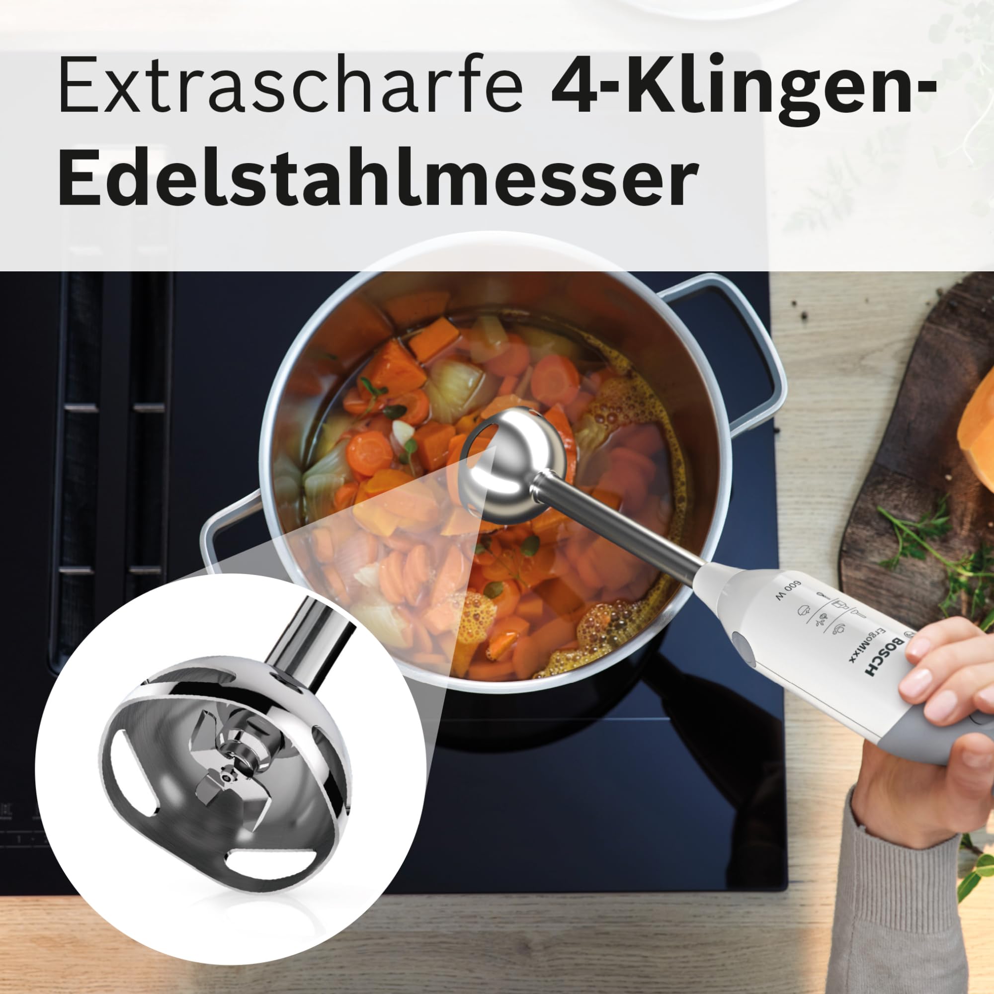 Bosch Stabmixer ErgoMixx 600 W Edelstahl-Mixfuß 12 Stufen plus Turbo weiß/grau MSM66120