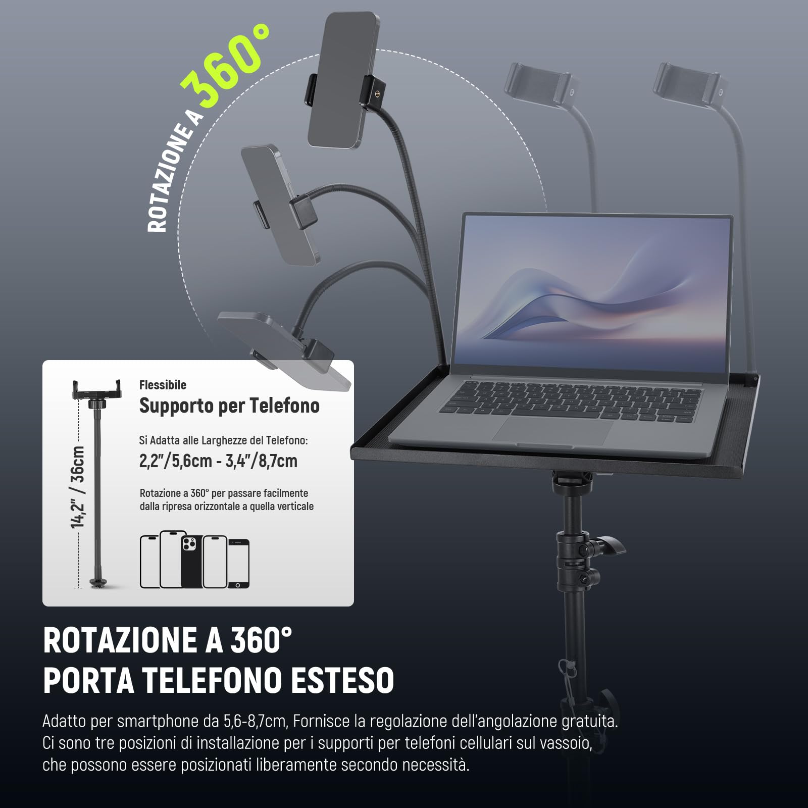 Supporto Proiettore con Vassoio Incli a 180° e Porta Telefono, Treppiede per Proiettore/Laptop Telescopico da 76-145cm, Cavalletto per Proiettore Portatile Pieghevole per Studio/Palco, Max10kg
