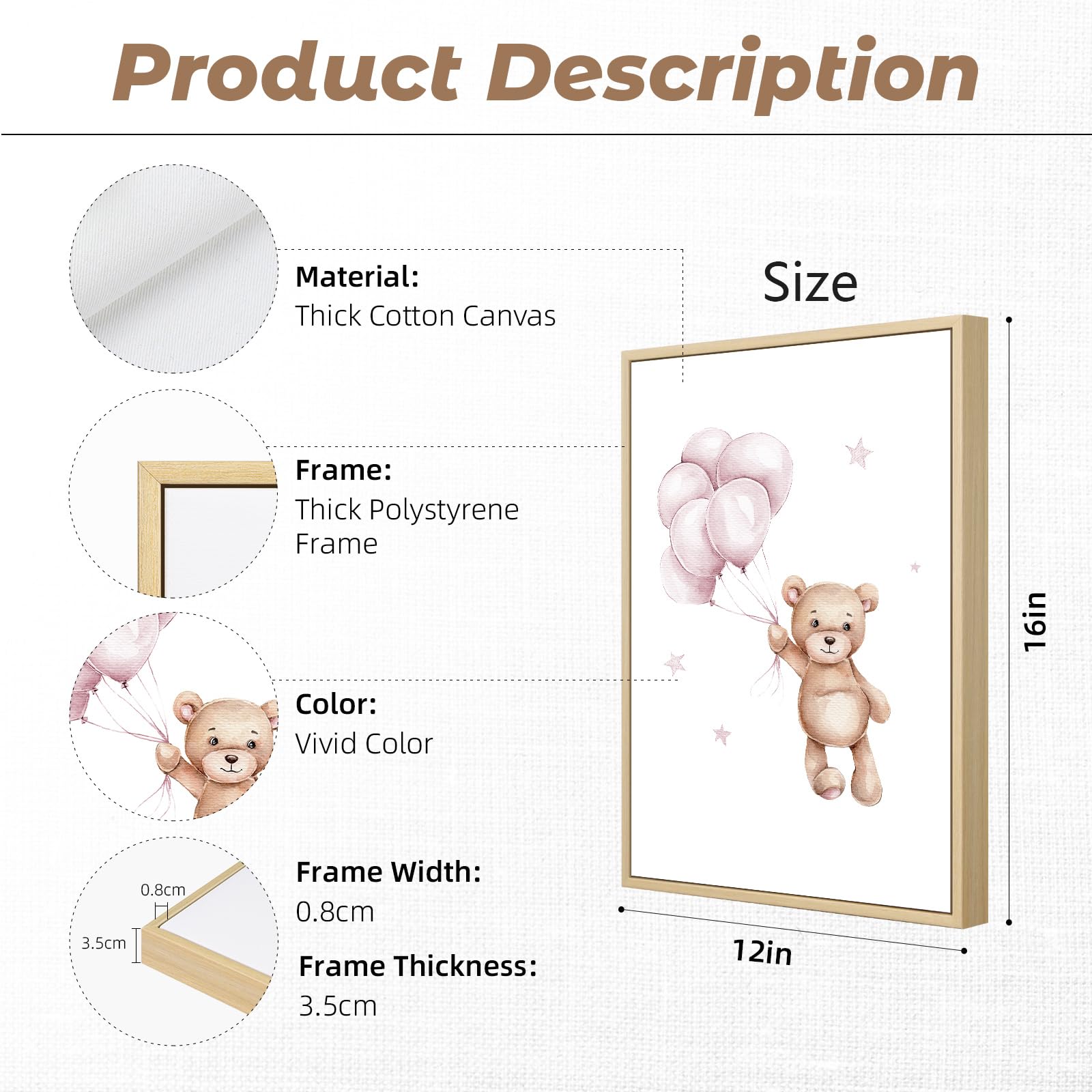 Bear Nursery Wall Art Decor Set of 3 Teddy Bear Wall Art Baby Girl Canvas Wall Decor Pink Pictures Balloon Nursery Children Prints Artwork Moon Star Cloud Art for Boys Room Bedroom 12x16 Inch Framed