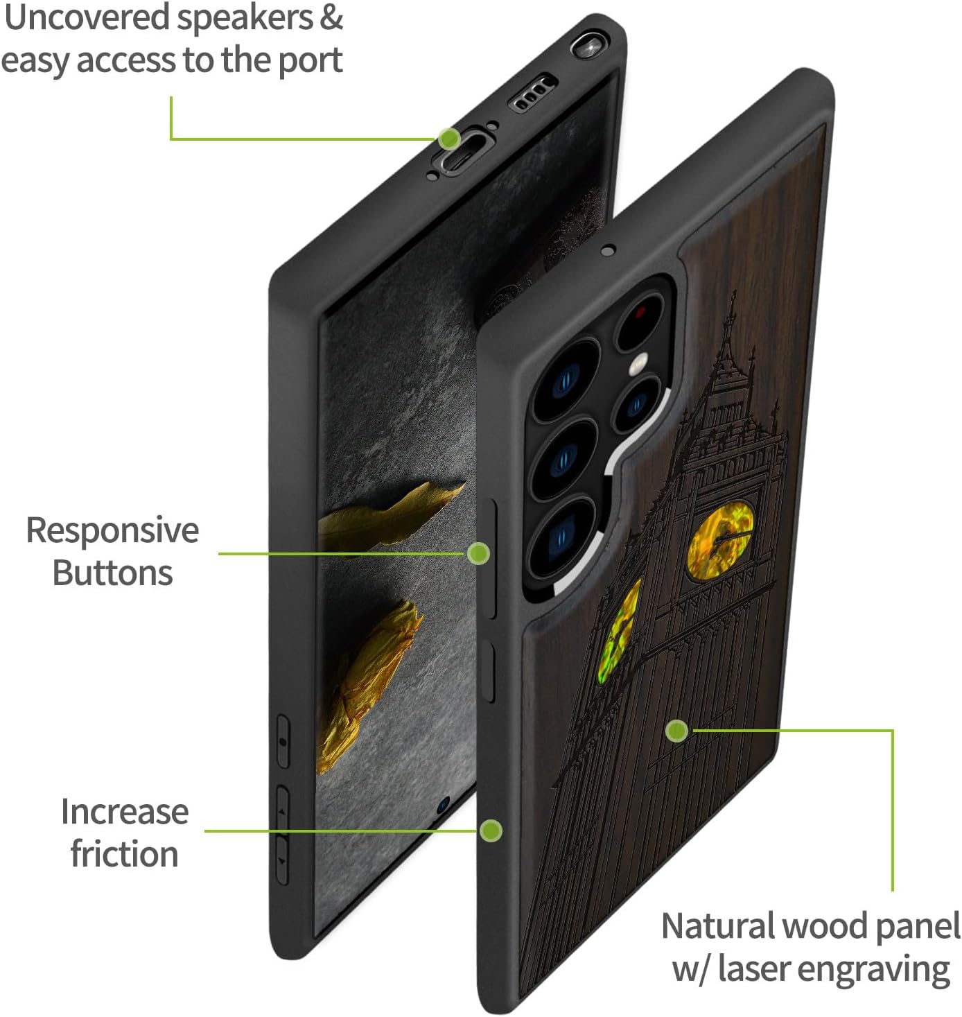 Carveit Designer Wooden Cover for Samsung Galaxy S22 Ultra Case [Wood Engraving & Shell Inlay] Compatible with Wireless Chargers S22 Ultra (Big Ben of London-Blackwood)
