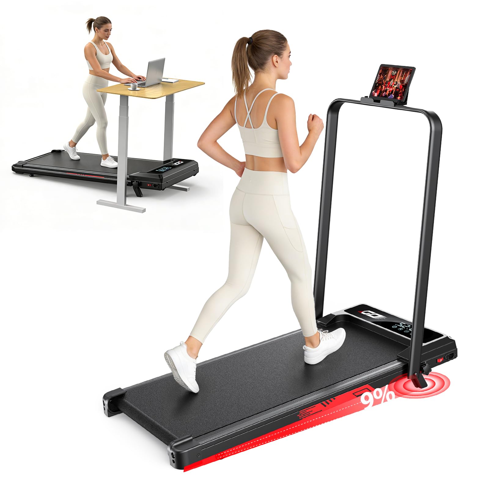 Laufband 4-in-1 Klappbar mit 9% Steigung – Elektrisches Laufband Leise Walking Pad, 8 km/h, 2,5 PS Motor, Stoßdämpfung, LED Anzeige, Kompakt, Für Zuhause & Büro