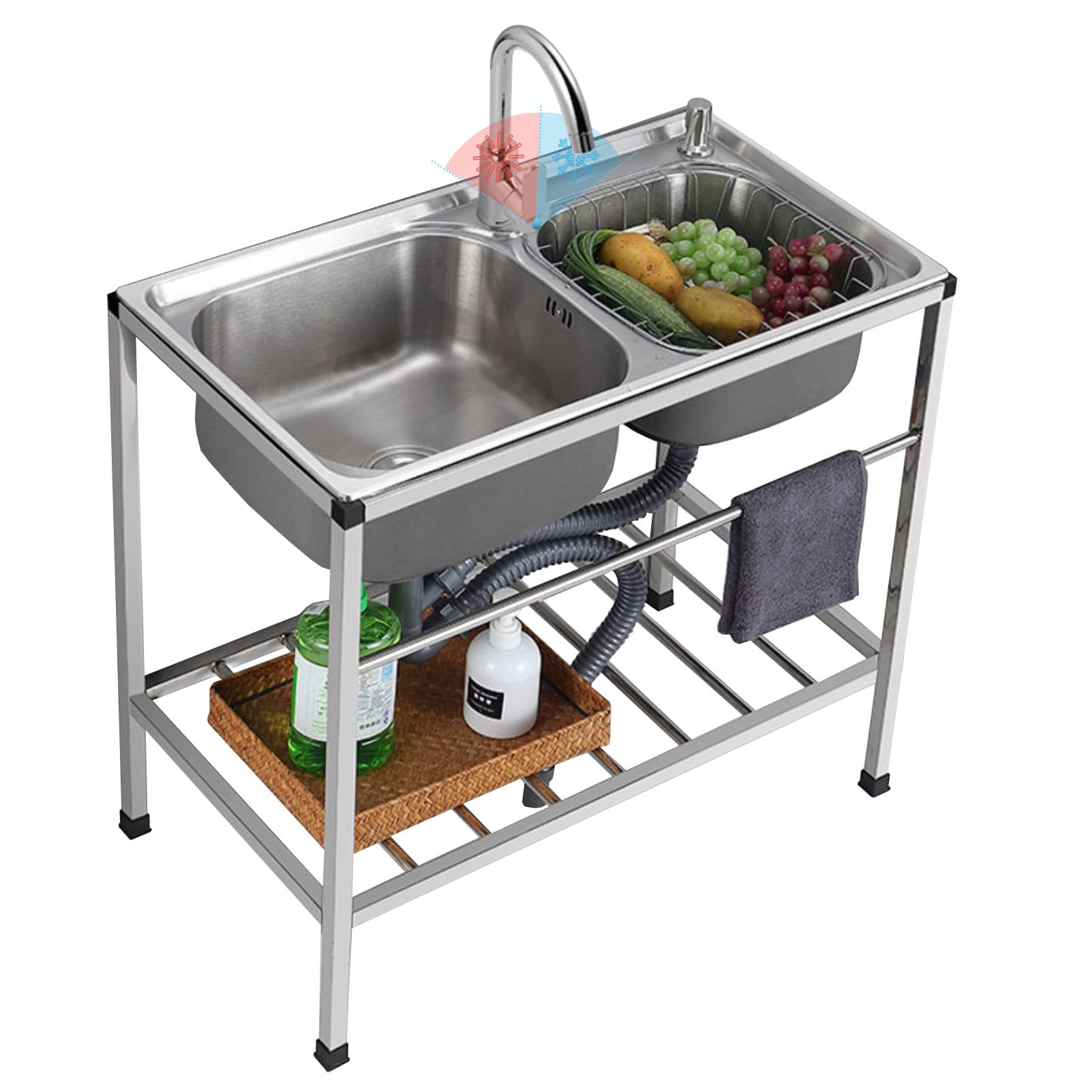 LMYSXAOZ Utility Double Bowl Kitchen Sinks, Commercial Stainless Steel Freestanding Sink with Tap & Shelves for Restaurant, Hotel, Garage, Laundry, Outdoor