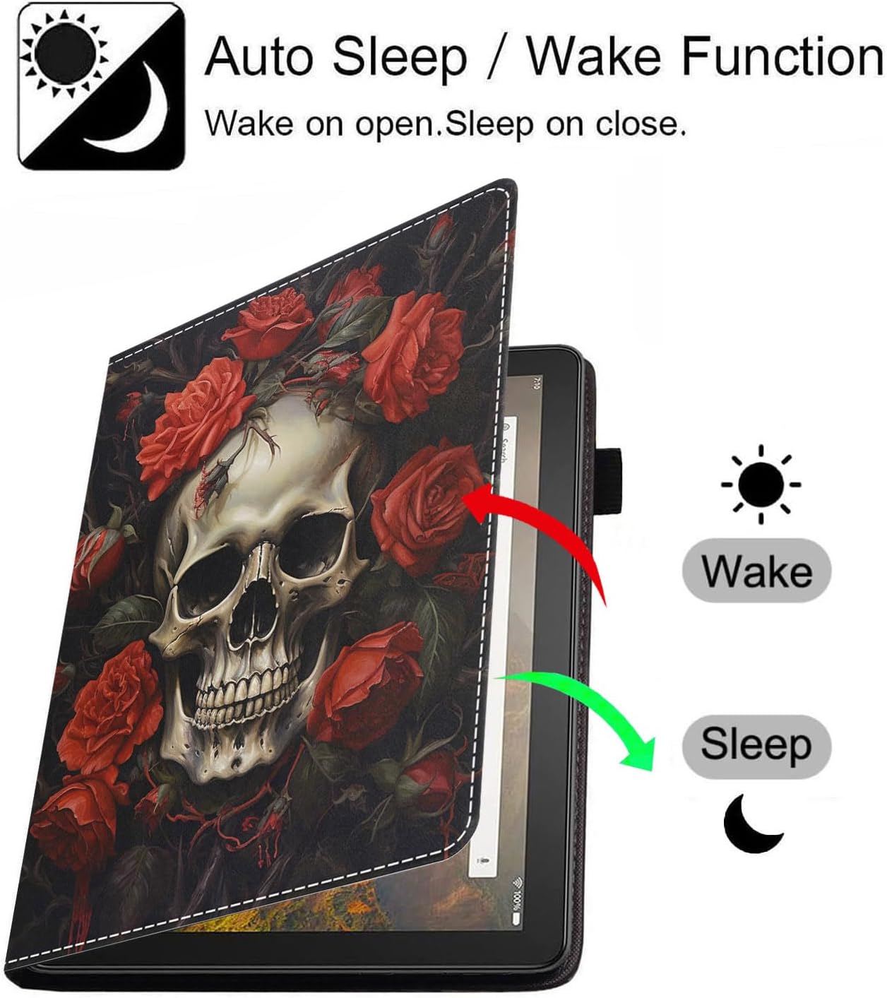 Case for All-New Amazon Fire HD 10 & 10 Plus Tablet 10.1" (13th/11th Generation, 2023/2021 Release), Slim PU Leather Stand Cover with Card Slot & Auto Wake/Sleep, Skull Roses