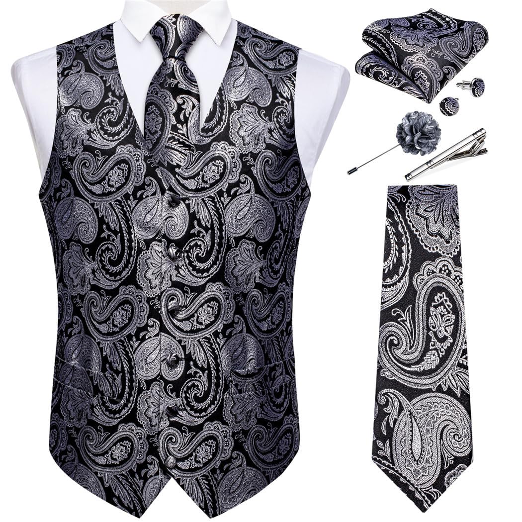 FULBHPRINT Set Da Uomo Nero Per La Festa Nuziale, Gilet Da Lavoro, Cravatta, Spilla, Gemelli Quadrati, Papillon