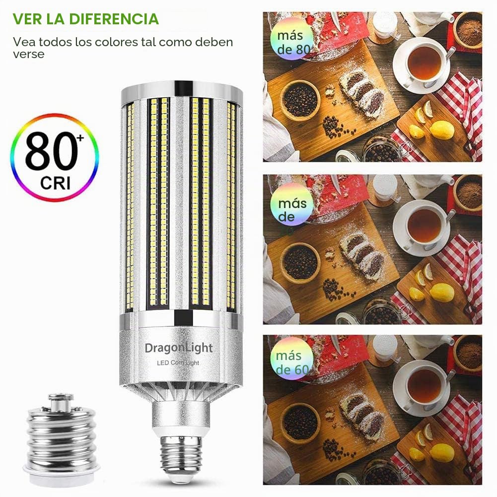 Bombilla LED 100W,superbrillante, sin ventilador, (equivalente a 800W) – Bombilla LED E27 con adaptador E40 – 6000K blanco frío 12000 lúmenes para iluminación de zonas–Garaje taller– Luz de calle