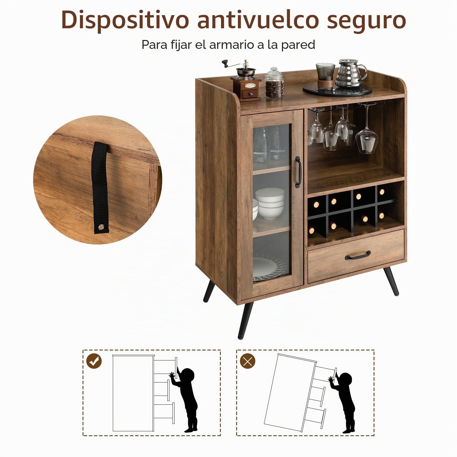 KOMFOTTEU Armario para Vino Industrial, Aparador de Cocina con Portabotellas, Soporte de Cristal, Cajón, Mueble de Almacenamiento con Puerta de Vidrio y Estante Abierto, Armario Bar 80 x 40 x 95 cm