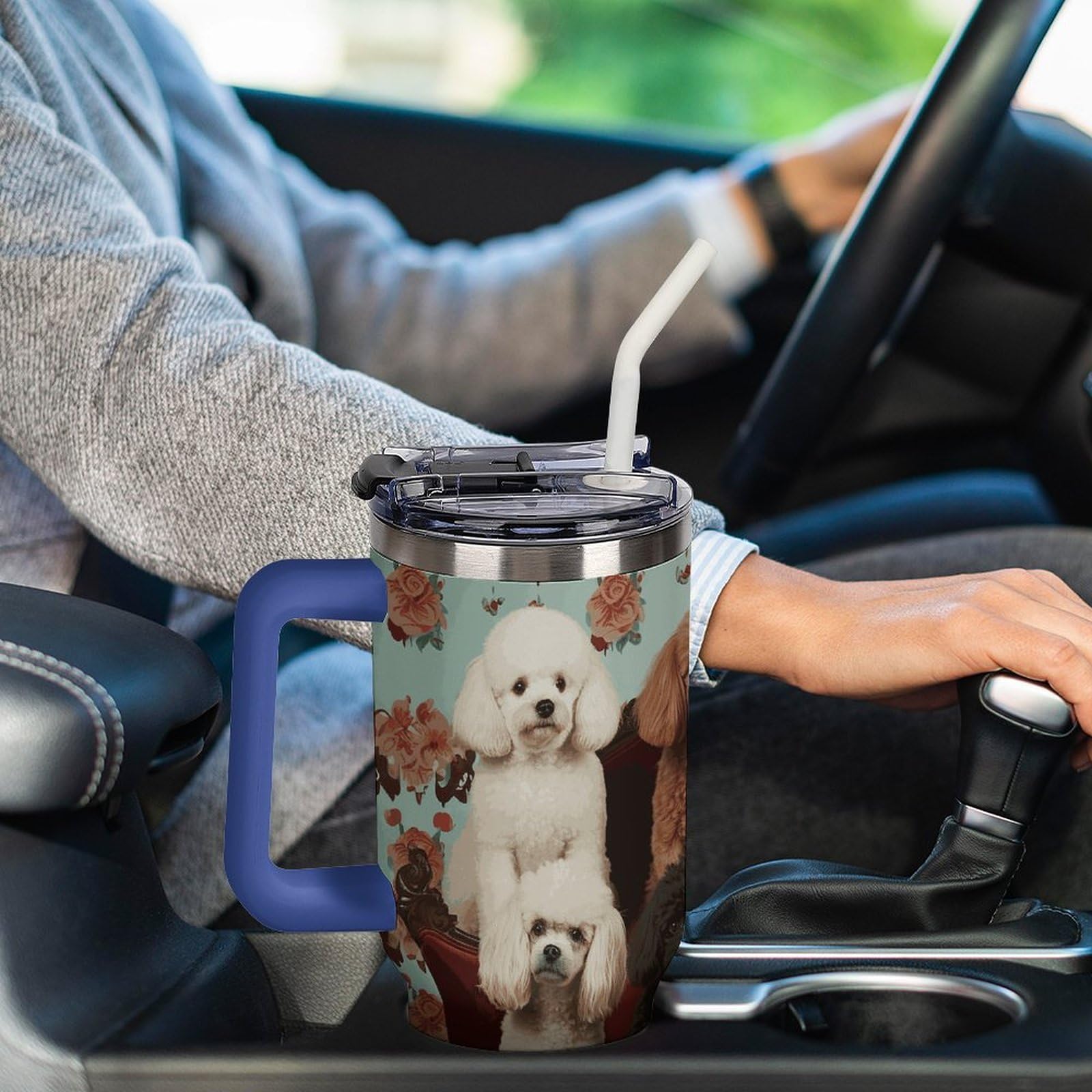 Autobecher aus 304 Edelstahl, mit Strohhalm und auslaufsicherem Deckel, großes Fassungsvermögen, vakuumisolierter Reisebecher für Auto-Becherhalter, 1,2 l