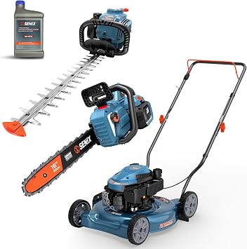 SENIX 60V 16" Battery Chainsaw with 4Ah Battery & Charger, 20-Inch 144 cc Gas Lawn Mower, 4QL 26.5cc 4-Cycle Commercial Grade Gas Hedge Trimmer Kit