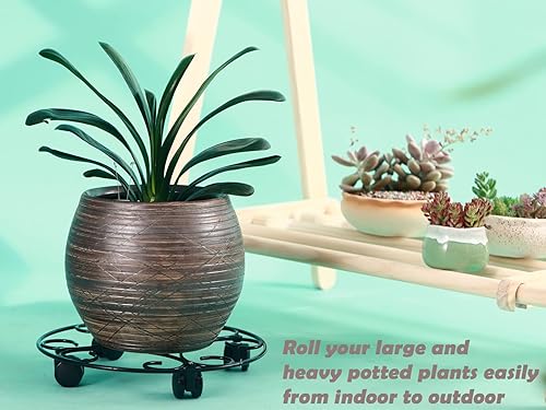 Miniatura 4 de 3 paquetes de 12.8 pulgadas de metal para plantas con ruedas, soportes rodantes grandes, base de rodillo de hierro forjado, para mover macetas,
