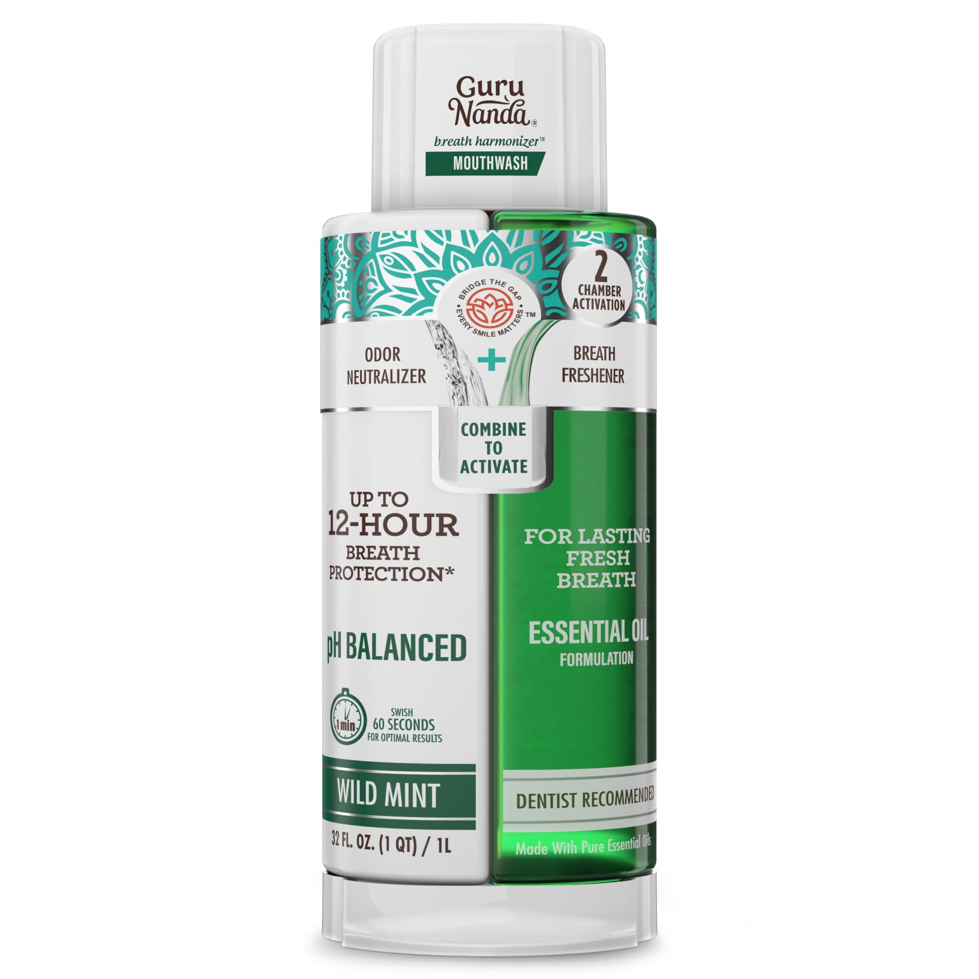 GuruNanda Dual Barrel Breath Harmonizer Mouthwash - Freshens Breath - Alcohol & Fluoride Free with Sodium Chlorite & Essential Oils - Wild Mint Flavor