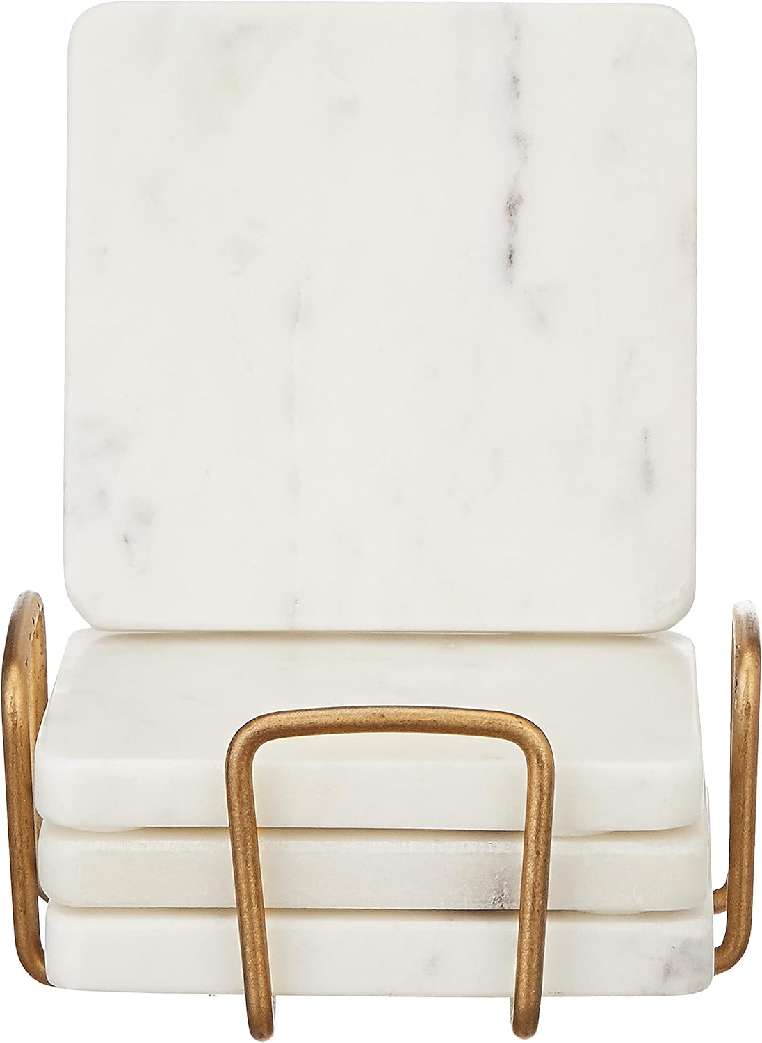 Queenza White Marble Coaster Set with Holder, 4 Inch Square Modern Coasters for Coffee Table - Coasters with Padded Bottom