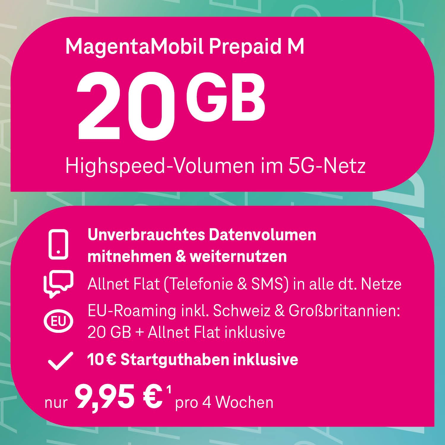 Telekom MagentaMobil Prepaid M z dużą prędkością 13 GB | 5G/LTE Max & Allnet Flat do wszystkich sieci niemieckich | dalsze wykorzystywanie niewykorzystanej ilości danych | EU Roaming & Hotspot Flat |