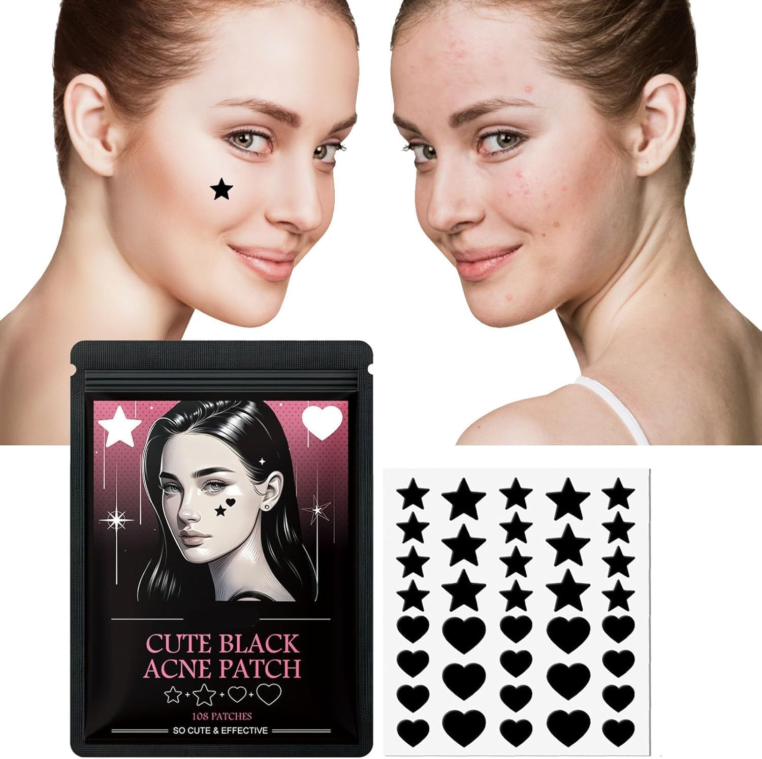 Lezpzay Black Stars Pimple Plasters, Pack of 108, Hydrocolloid Pimple Patches, Absorb Liquid and Reduce Inflammation, Cute Star Shape, Cruelty-Free Skin Care