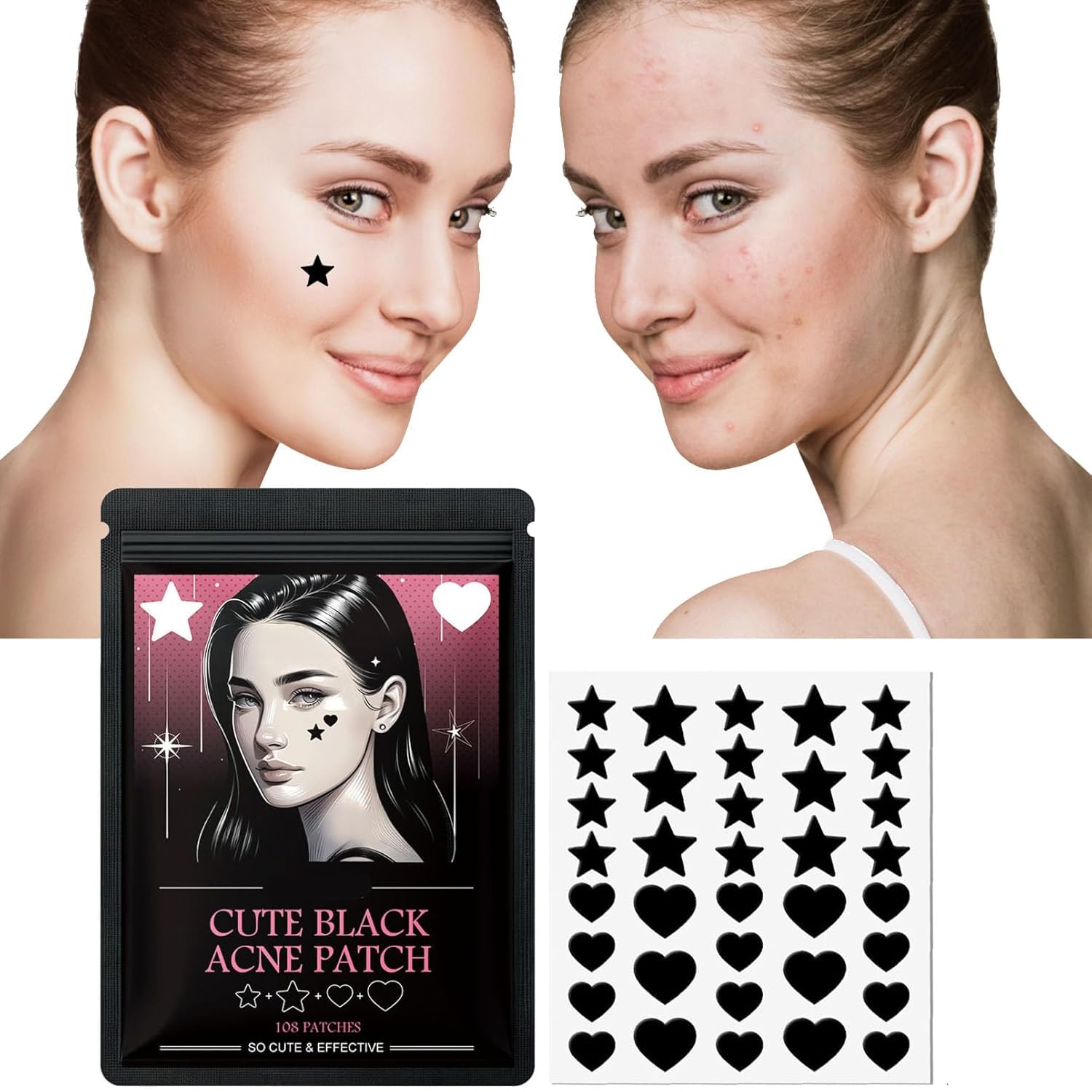 Lezpzay Black Stars Pimple Plasters, Pack of 108, Hydrocolloid Pimple Patches, Absorb Liquid and Reduce Inflammation, Cute Star Shape, Cruelty-Free Skin Care