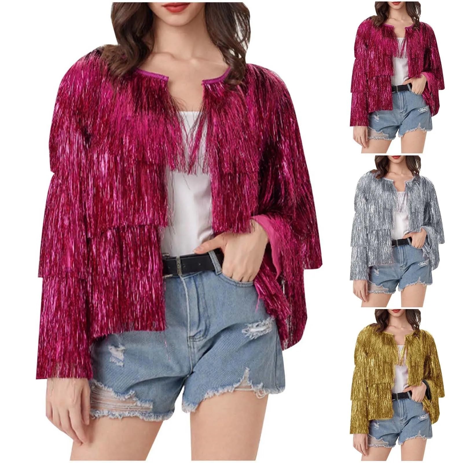 Top con Frange Giacca da Donna vestibilità Ampia con Paillettes e Frange, Cappotto da Donna Aperto sul Davanti, Abbigliamento da Club, Abbigliamento da Festa per Le Donne(Gold,L)