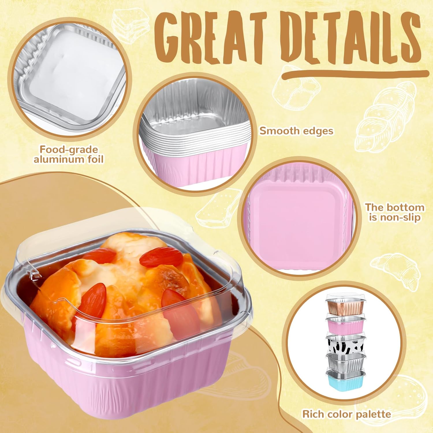 200 Pcs 5 oz Mini Square Cake Pan with Lid Aluminum Foil Baking Pan Disposable Brownie Baking Cup Muffin Tin Ramekins Dessert Cupcake Cups for Wedding Birthday Holiday Party, Grade Material - Image 3