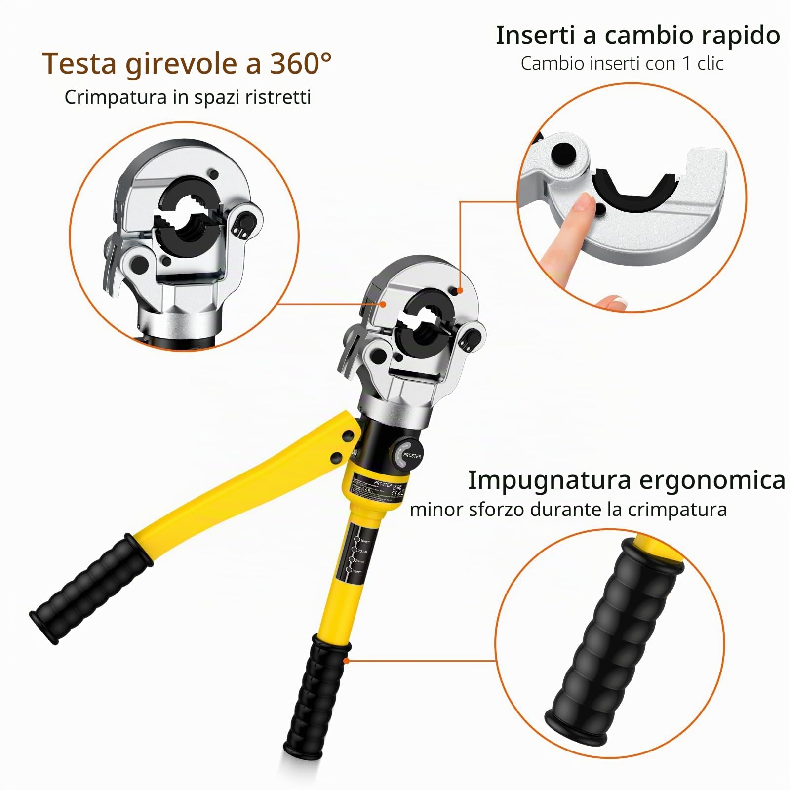 Proster Pinza Idraulica a Pressione 8 Tonnellate con Set di Matrici TH16 TH20 TH26 TH32 Pinza Crimpare Per Tubi con Testa Girevole a 360° Attrezzo Completo con Tagliatubi Custodia Robusta