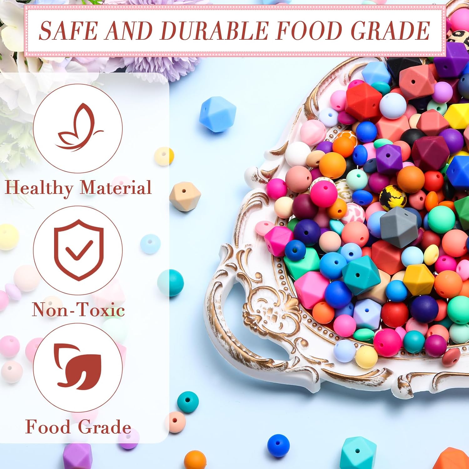 Hotop 636 Pcs Silicone Beads for Keychain Making Kit, 12mm15mm Round 14mm17mm Polygonal Silicone Rubber Beads for Keychain DIY Necklace Bracelet Jewelry Making Supplies