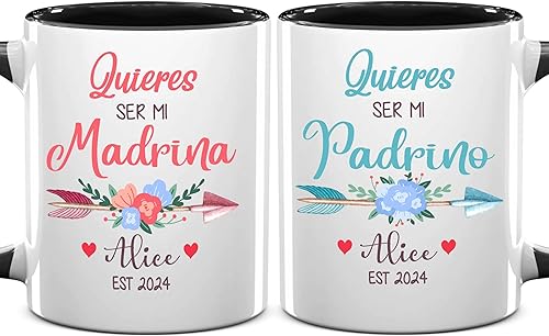 Padrinos De Bautizo Propuesta Set 2 Tazas Café 11Oz, Quieres Ser Mi Madrina est 2024, Regalo de propuesta de padrinos, Para Niño, Niña, Dios padres
